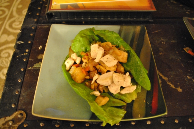 A chicken lettuce wrap, about to be devoured.